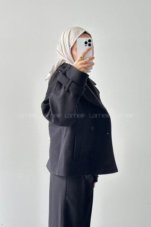 Lamelif Fleto Cep Apoletli Kaşe Kaban Siyah