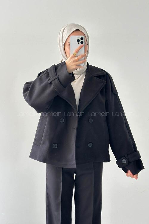 Lamelif Fleto Cep Apoletli Kaşe Kaban Siyah