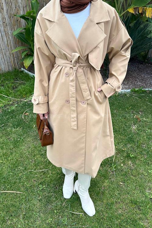 Lamelif Apoletli Klasik Kuşaklı Trençkot Toprak Rengi
