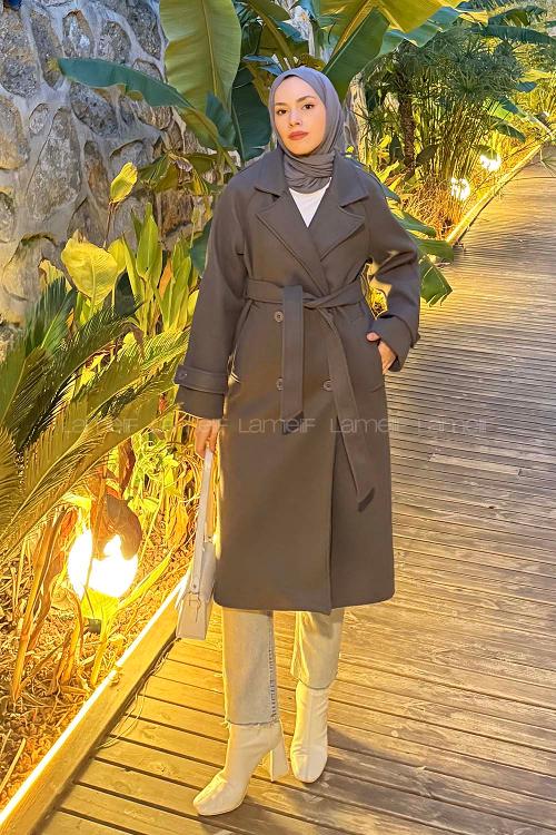 Lamelif Bağlama Detaylı Kaşe Kaban Antrasit