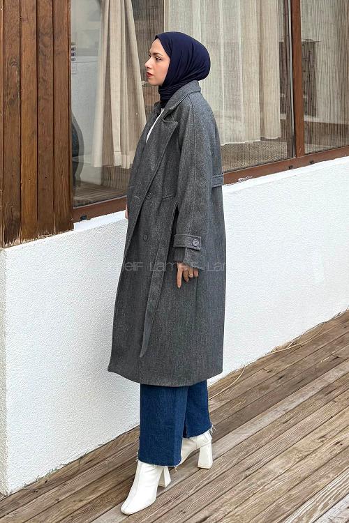 Lamelif Bağlama Detaylı Kaşe Kaban Antrasit