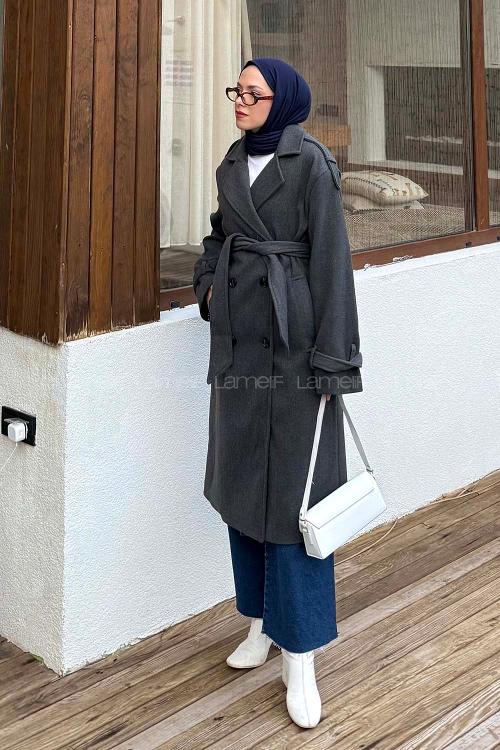 Lamelif Bağlama Detaylı Kaşe Kaban Antrasit