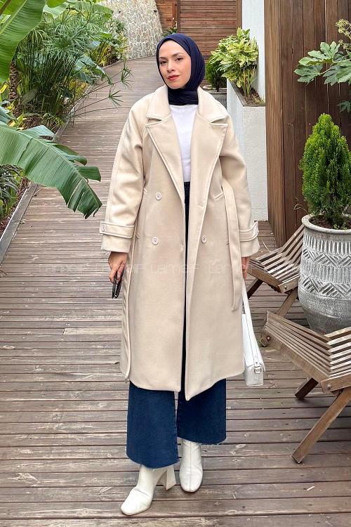 Lamelif Bağlama Detaylı Kaşe Kaban Krem