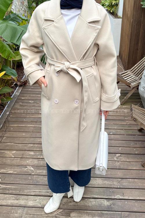 Lamelif Bağlama Detaylı Kaşe Kaban Krem
