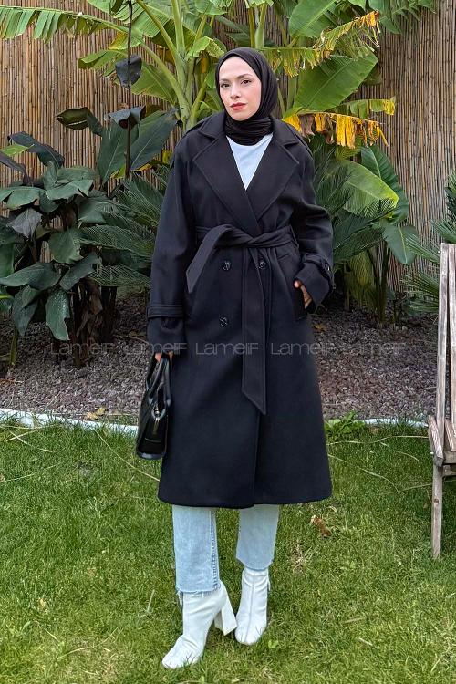 Lamelif Bağlama Detaylı Kaşe Kaban Siyah