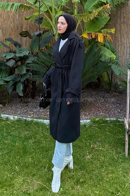 Lamelif Bağlama Detaylı Kaşe Kaban Siyah