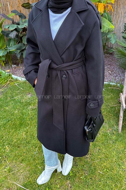 Lamelif Bağlama Detaylı Kaşe Kaban Siyah