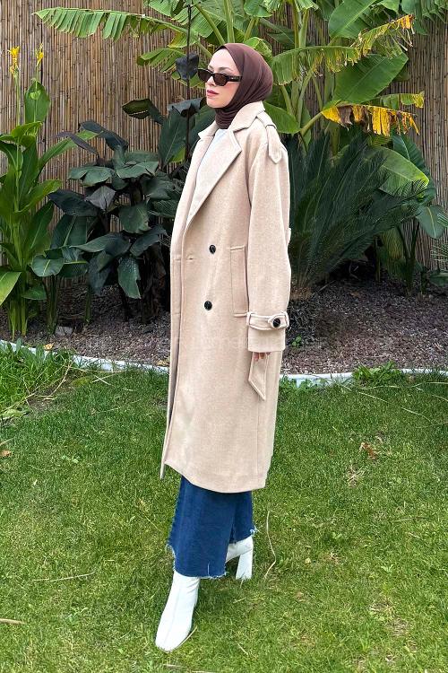 Lamelif Bağlama Detaylı Kaşe Kaban Sütlü Kahve