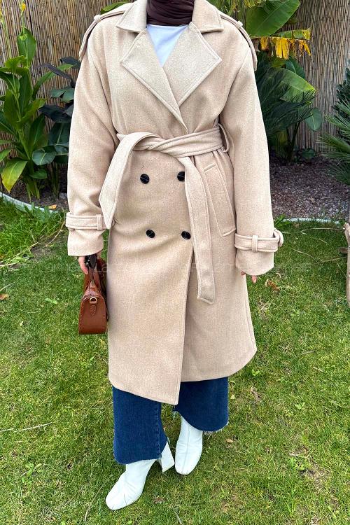 Lamelif Bağlama Detaylı Kaşe Kaban Sütlü Kahve