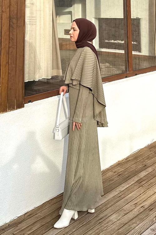 Lamelif Balıksırtı Kemerli Elbise Haki