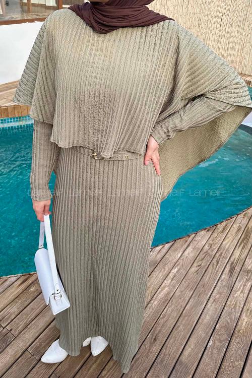 Lamelif Balıksırtı Kemerli Elbise Haki