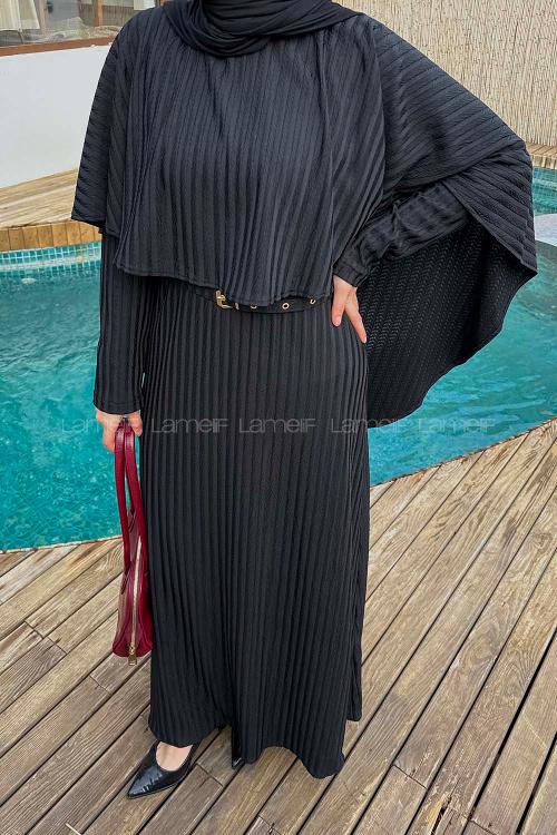 Lamelif Balıksırtı Kemerli Elbise Siyah