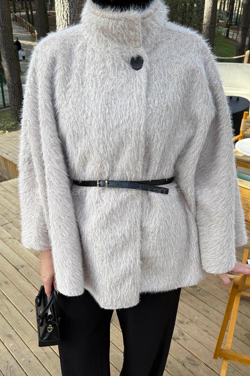 Lamelif Düğmeli Kemerli Panço Krem