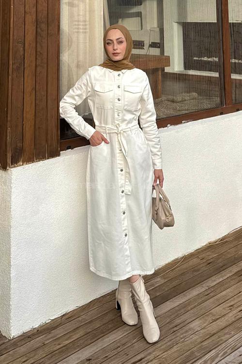 Lamelif Düğmeli Kot Elbise Ekru