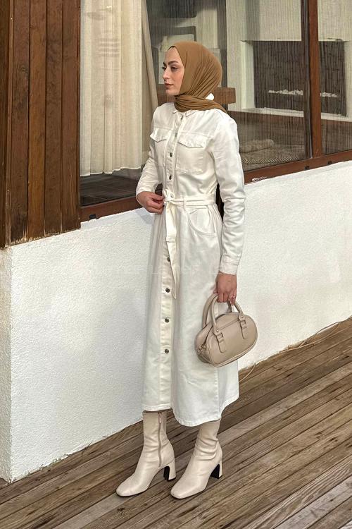 Lamelif Düğmeli Kot Elbise Ekru