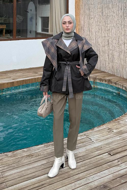 Lamelif Ekose Yaka Bağlama Detaylı Mont Koyu Kahverengi