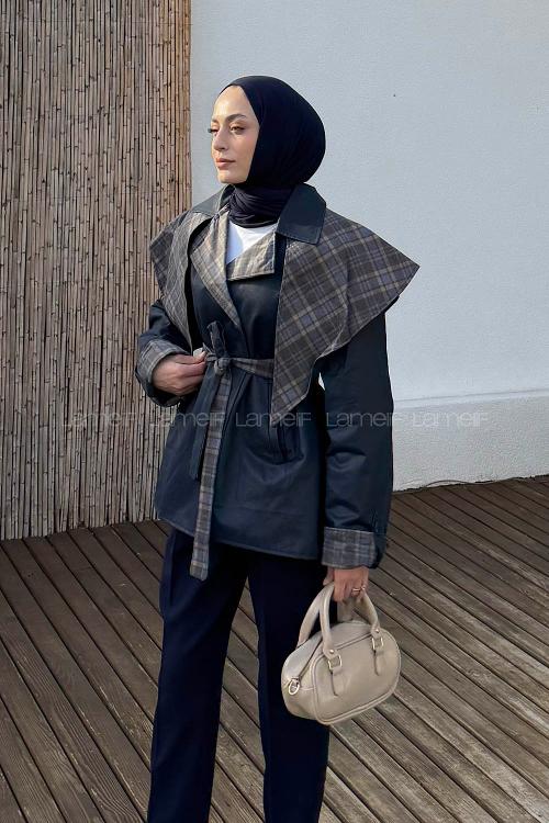 Lamelif Ekose Yaka Bağlama Detaylı Mont Lacivert