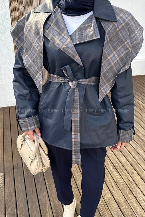 Lamelif Ekose Yaka Bağlama Detaylı Mont Lacivert