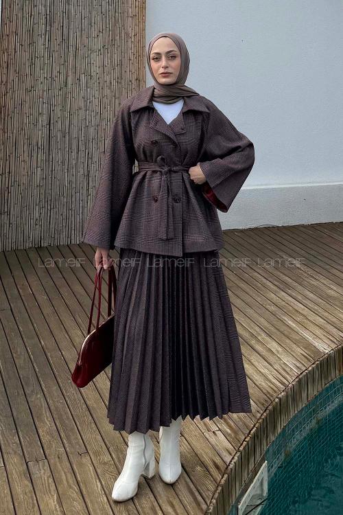 Plum Shirt Collar Long Arm Cotton Elastan Polyester Pleated Suit