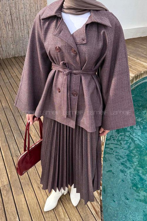 Plum Shirt Collar Long Arm Cotton Elastan Polyester Pleated Suit