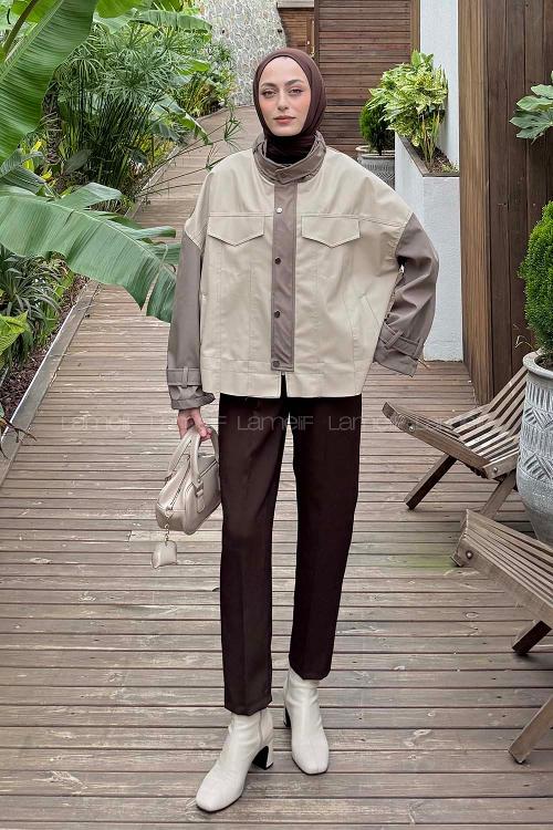 Lamelif Garnili Deri Ceket Krem