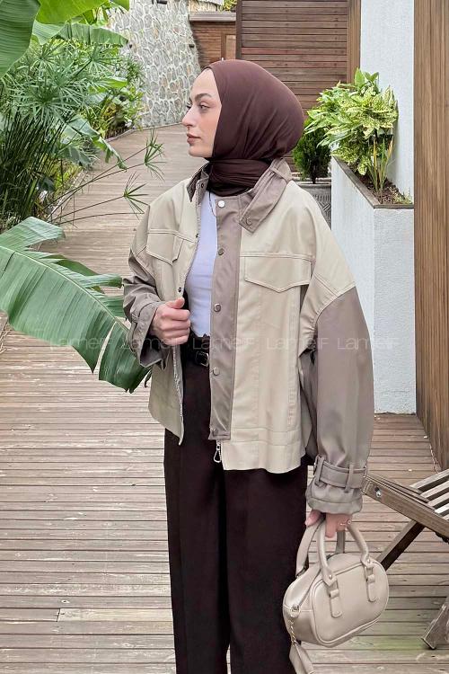 Lamelif Garnili Deri Ceket Krem