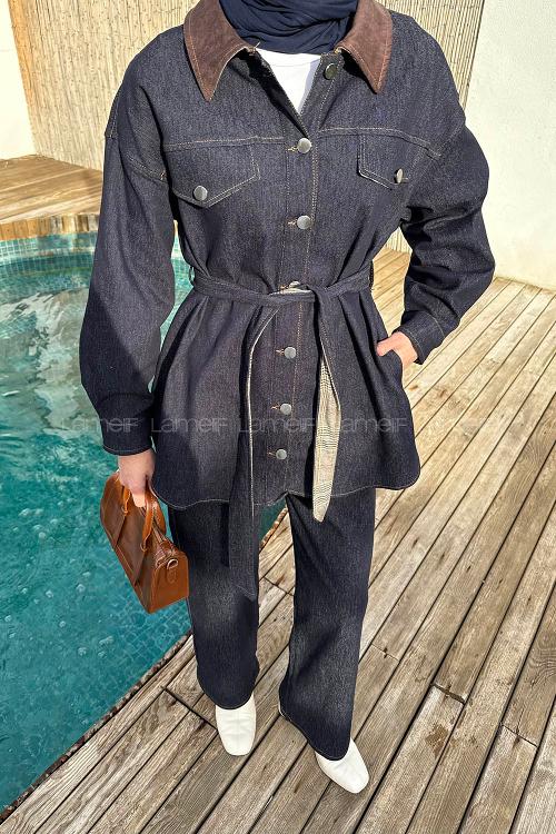 Lamelif Garnili İkili Kot Takım Koyu Mavi