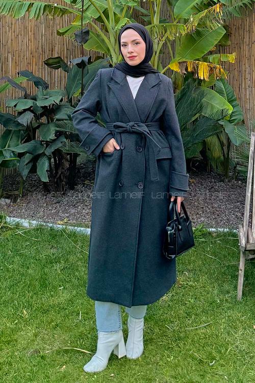 Lamelif Geniş Manşet Kaşe Kaban Antrasit