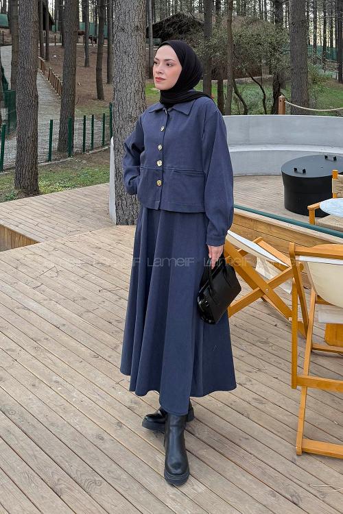 Lamelif Gold Düğme Detaylı Etekli İkili Takım Antrasit