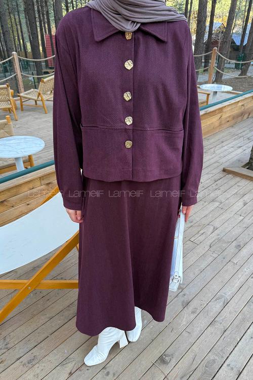 Lamelif Gold Düğme Detaylı Etekli İkili Takım Bordo