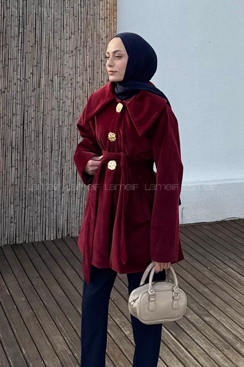 Lamelif Gold Düğmeli Bağlamalı Tesettür Kaban Bordo