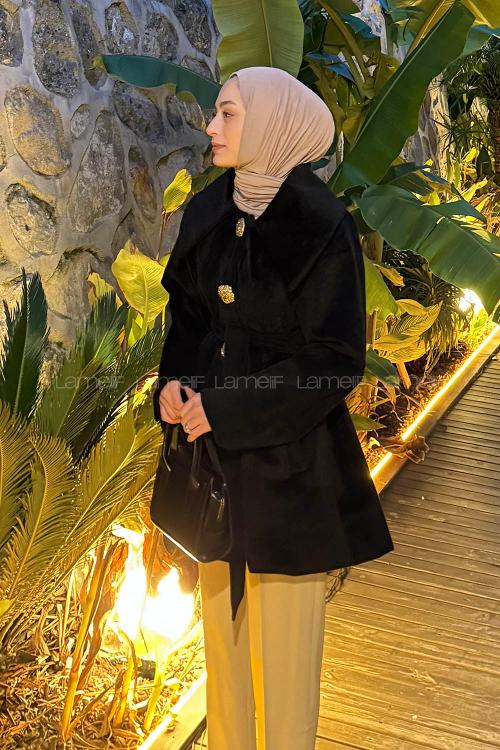 Lamelif Gold Düğmeli Bağlamalı Tesettür Kaban Siyah