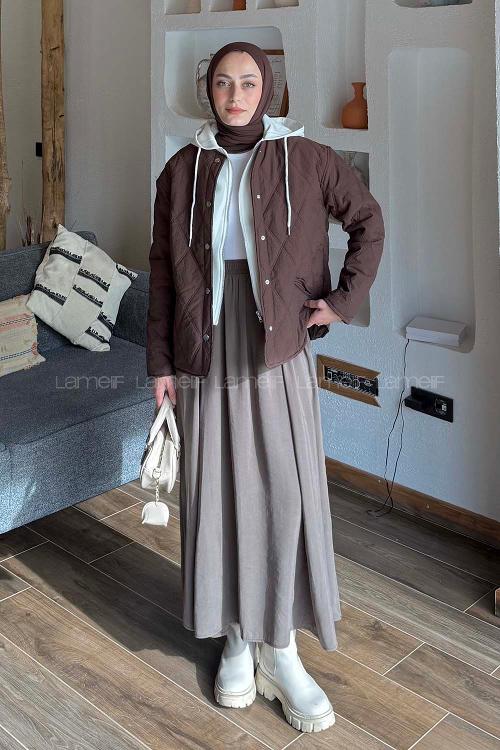 Lamelif Kapüşonlu Kapitone Mont Kahverengi