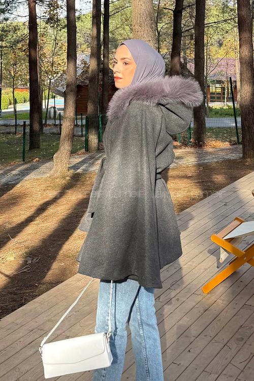 Lamelif Kapüşonlu Panço Antrasit