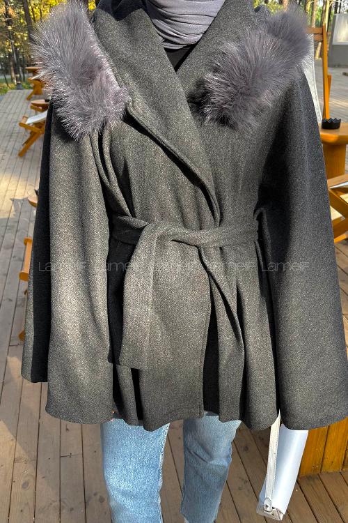 Lamelif Kapüşonlu Panço Antrasit