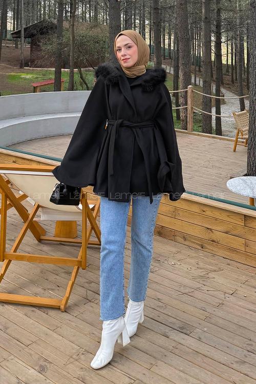 Lamelif Kapüşonlu Panço Siyah