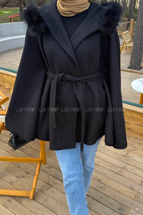 Lamelif Kapüşonlu Panço Siyah