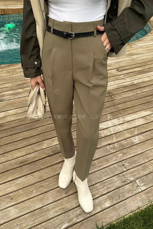 Lamelif Kemerli Havuç Pantolon Haki