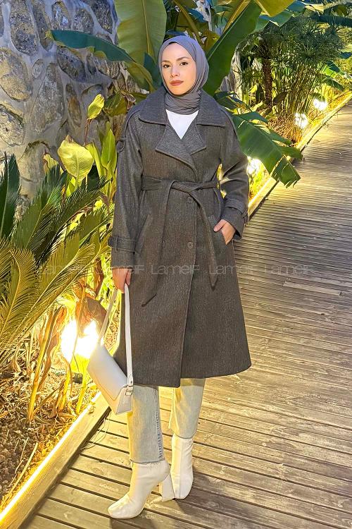 Lamelif Omuz Filetolu Kol Apoletli Kaşe Kaban Antrasit