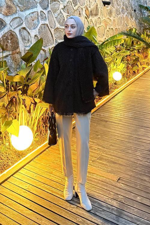 Lamelif Sakal Kumaş Atkılı Kaban Siyah