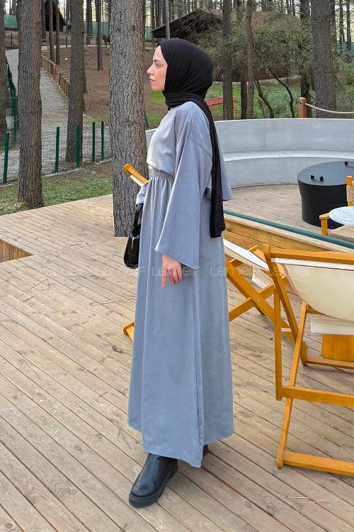 Lamelif Süet Etekli Tesettür Takım Gri