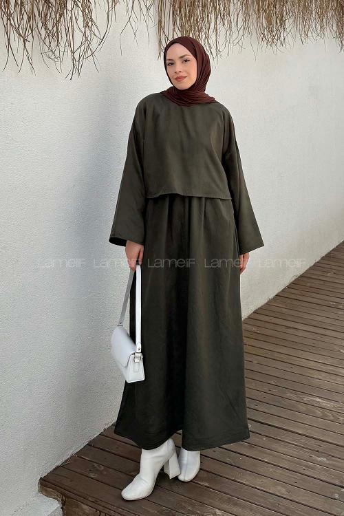 Lamelif Süet Etekli Tesettür Takım Haki