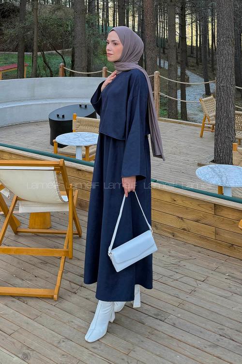 Lamelif Süet Etekli Tesettür Takım Lacivert