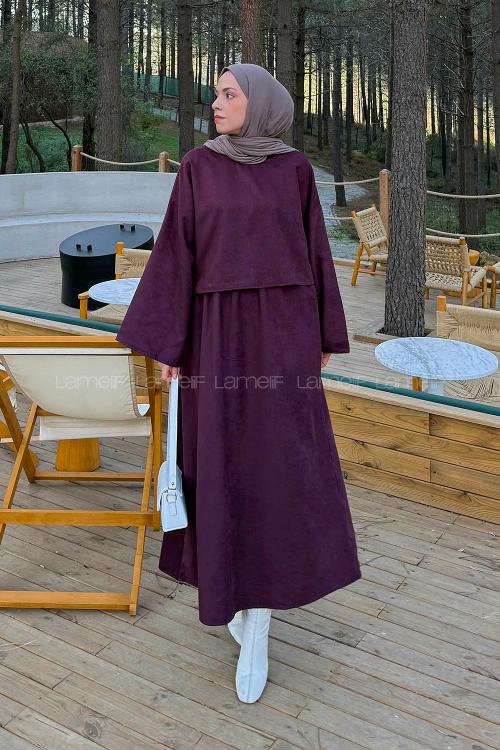 Lamelif Süet Etekli Tesettür Takım Mürdüm