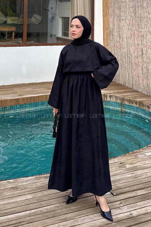 Lamelif Süet Etekli Tesettür Takım Siyah