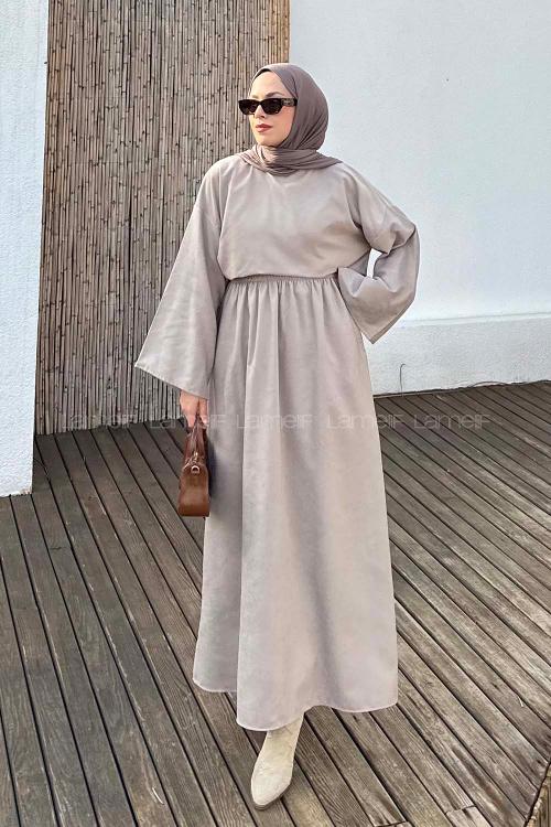 Lamelif Süet Etekli Tesettür Takım Taş Rengi