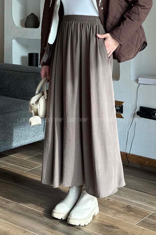 Lamelif Tensel Tesettür Etek Kahverengi