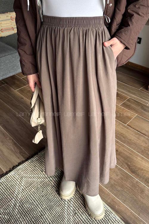 Lamelif Tensel Tesettür Etek Kahverengi