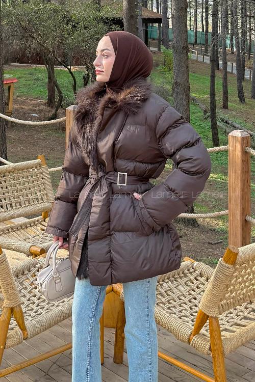 Lamelif Bağlama Detaylı Kürk Yaka Şişme Mont Haki
