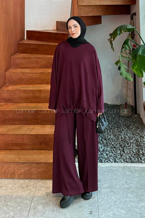 Claret Red Crew Neck Long Arm Cotton Polyester Regular Trousers Comfortable Suit